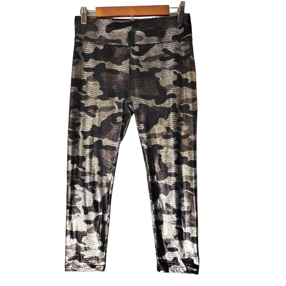 Dyce Active Metallic Pull On Capri Leggings Women L Black Silver Casual‎ Metal